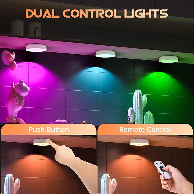 Wireless Motion Sensor Step Lights, 8 Colors Changeable RGB LED Closet Lights with Remote, USB Rechargeable Battery Operated Puck Light, Dimmable Under Cabinet Counter Kitchen Stair Lighting (5 Pack)