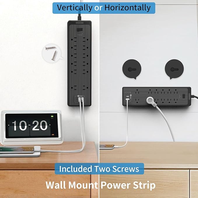 NTONPOWER 15 ft Extension Cord, Flat Plug Surge Protector Power Strip with USB, 12 Outlets Surge Protector Wall Mount, 2100 Joules, 1875W, 15A Circuit Breaker for Home Office Dorm Essentials, Black