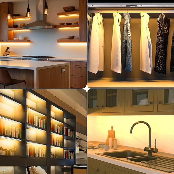 AIBOO Under Cabinet Lighting, Dimmable 12 inch Under Counter Lights, 120V Plug in & Hardwired, Linkable LED Closet Lights for Kitchen, Shelf, Workbench, Desk,Cupboard,Garage (6 PCS), Warm White 3000K