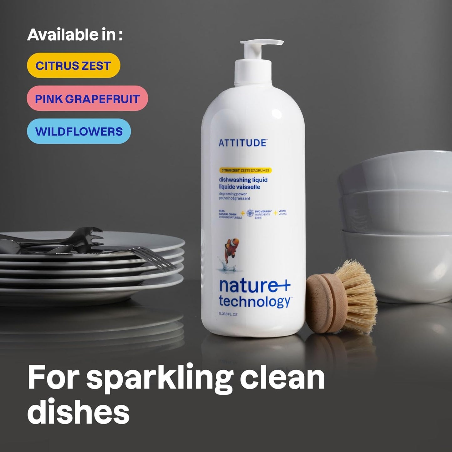 ATTITUDE Dish Soap, EWG Verified, Plant-Based & Vegan Dishwashing Liquid, Naturally Derived, Pink Grapefruit Scent, 33.8 Fl Oz