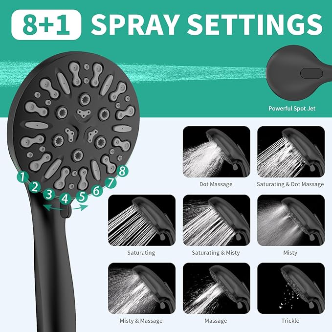 Filtered Shower Head with Handheld Combo, Hard Water Filter Shower Head with 9 Shower Modes, Dual Shower Heads High Pressure, Shower Filters to Remove Chlorine and Fluoride (Matte Black)