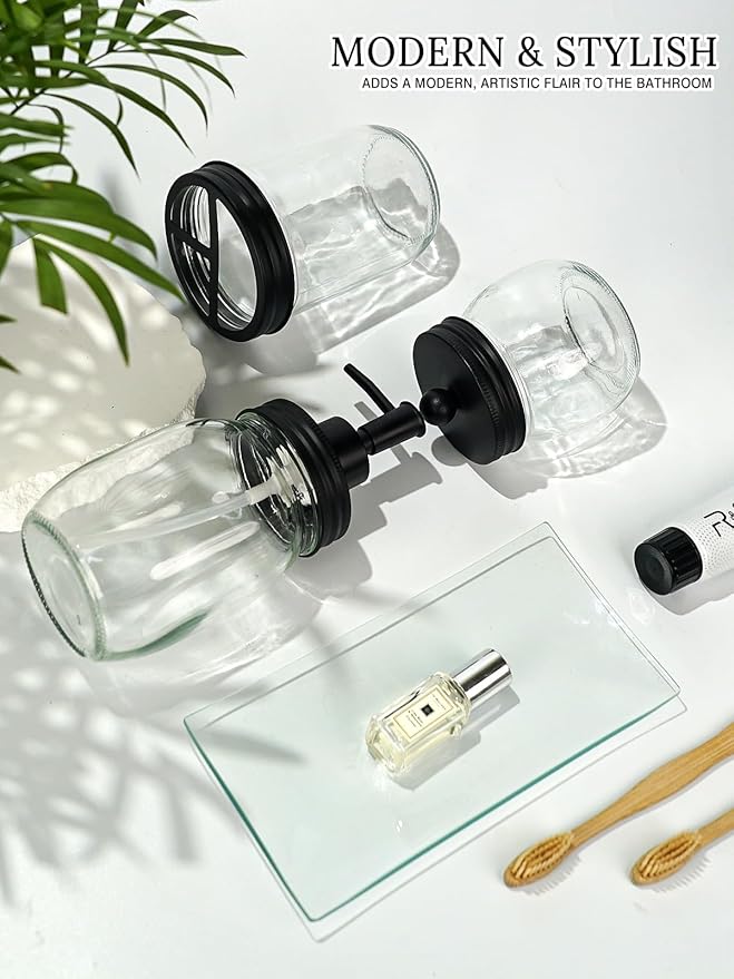 Haturi Mason Jar Bathroom Accessories Set, 4Pcs Glass Bathroom Accessory Set Complete w/Soap Dispenser, Toothbrush Holder, Qtip Holder, Vanity Tray, Rustic Farmhouse Decor, Gift for Apartment (Black)