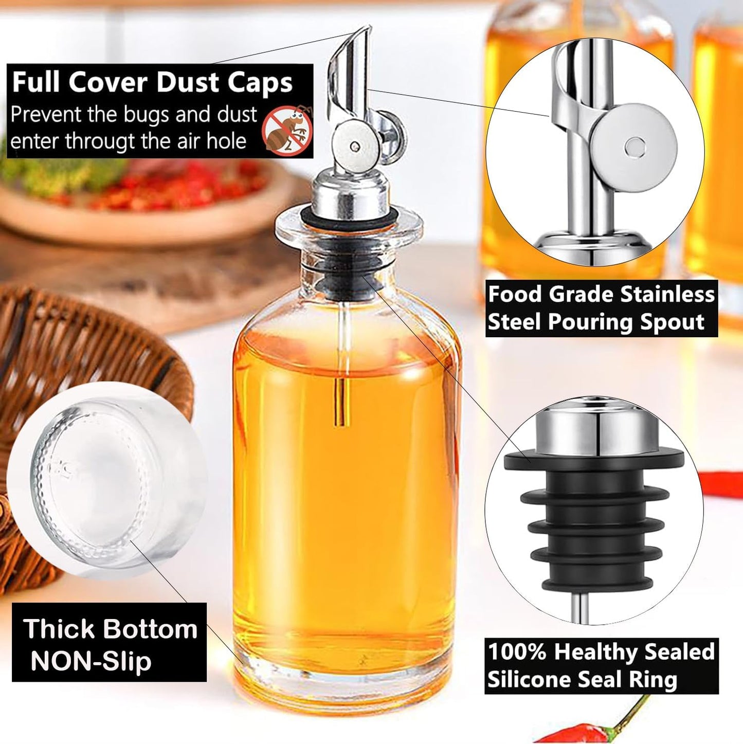 Pafusen 2 Pack Olive Oil Dispenser Bottle, 12 oz Oil Bottles for Kitchen, Glass Oil Coffee Syrup Dispenser, Simple Syrup Bottles with 2 Auto Flip Olive Oil Pourers, Silver