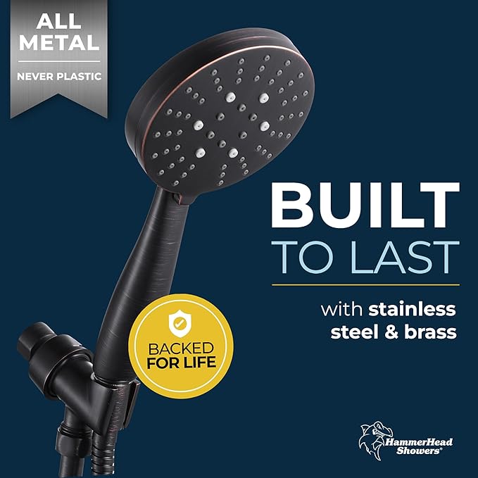 HammerHead Showers® Solid METAL 3-Spray Handheld Shower Head with Long Hose and Holder OIL RUBBED BRONZE - WIDE MASSAGE and MIST Sprays - 1.8 GPM Low Flow Handheld Showerhead -Water Saving Shower Head