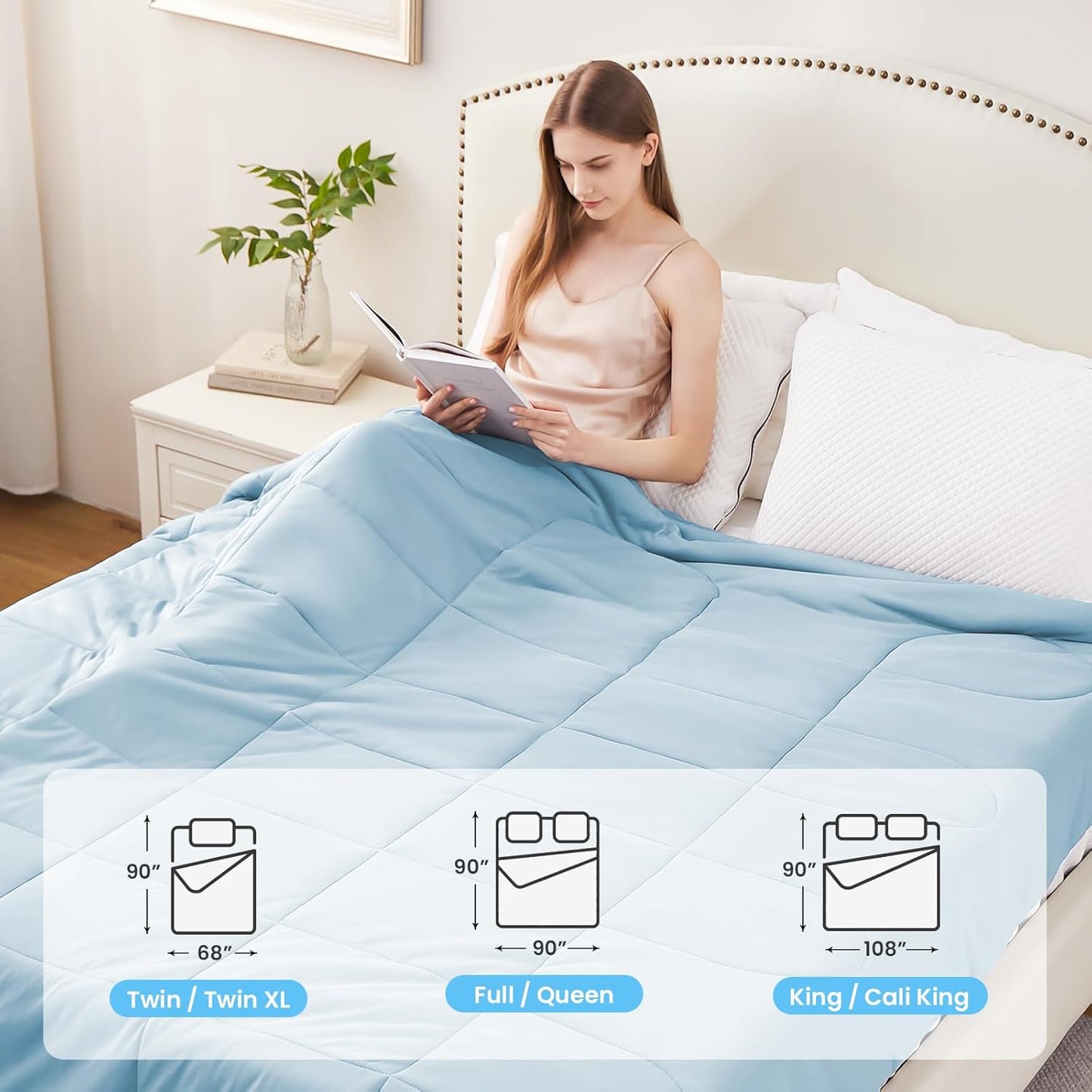 HYLEORY Cooling Comforter Twin Size - Summer Cooling Blanket for Hot Sleepers/Night Sweats, Double-Sided Cold Touch Silky Ice Comforters, Breathable Lightweight Beddings, Cool Blue, 68"x90"