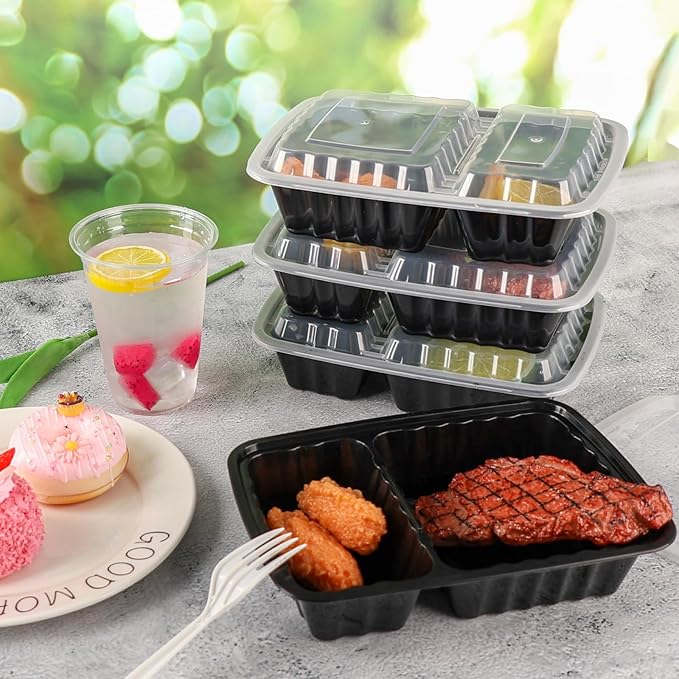Meal Prep Containers 2 Compartment 50 Pack, 28 oz Divided Reusable Food Storage Containers with Lids Takeout Food Storage Black, Microwave Dishwasher Freezer Safe, Stackable, BPA Free