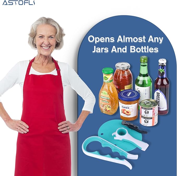 Astofli 5 Pack Jar Opener For Seniors With Arthritis, Easy Twist Lid Opener Jar Opener For Opening Jars With 2 PCS Rubber Jar Gripper, Jar Openers For Seniors, Multi Can Openers For Seniors