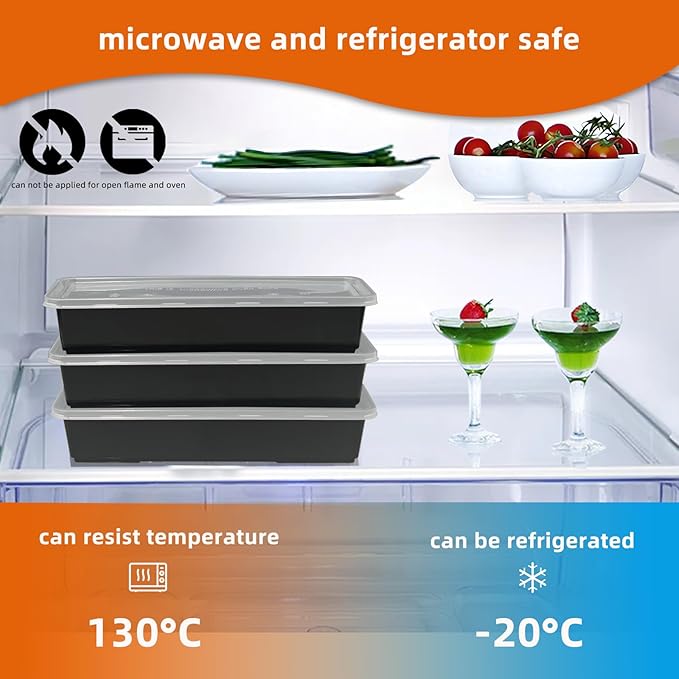 Disposable Food Storage Containers with Lids Meal Prep Compartment To Go Take Out Plastic Black, Sturdy Leakproof Food Safe, Microwave Freezer Dishwasher Safe (50, 1 compartment)