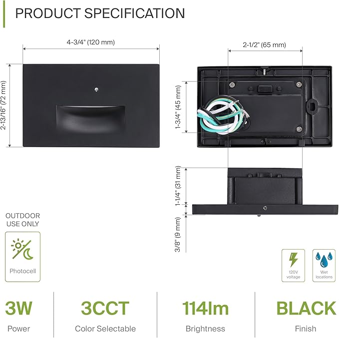 ASD LED Recessed Step Light Fixture, Dusk to Dawn Outdoor Stair Tread Lighting | 3CCT, Photocell, Waterproof, ETL Listed | 3W 120LM 3000K-5000K 120V | Staircase Hardwired Illumination | Black
