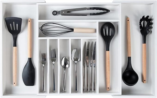 Premium Silverware, Flatware and Utensil Organizer for Kitchen Drawers, Food-Safe Contract Grade, Expandable from 16 to 28 In, White Bamboo