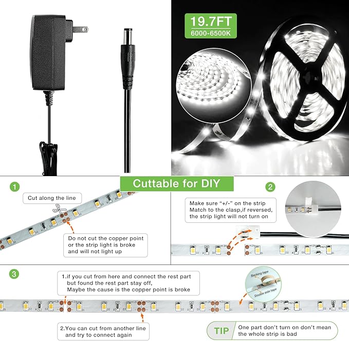 Wireless Motion Activated LED Strip Lights,19.7FT LED Strip Lights with Power Adapter,RF Wireless Motion Sensor Control Dimmer,Timing,Cool White (1×Controller+2×Motion Sensor)