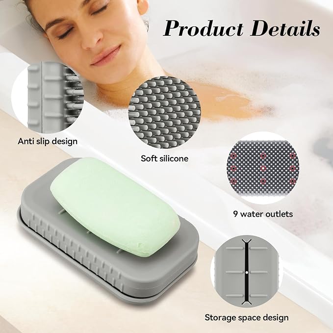 2-in-1 Silicone Soap Holder & Brush Set with Built-in Soap Saver Compartment, Includes a leak-proof soap tray+body brush, Unbreakable&Noise-Free, Soap Dish with Soft Brush, Brush with Soap Dish (grey)