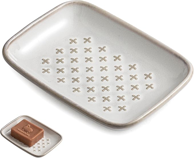 Gomakren Soap Dish, Shower Soap Holder, Ceramic Soap Dishes for Bar Soap Sponge Shampoo, Soap Saver Tray for Bathroom Kitchen Sink Counter, 5.5 Inch, Beige