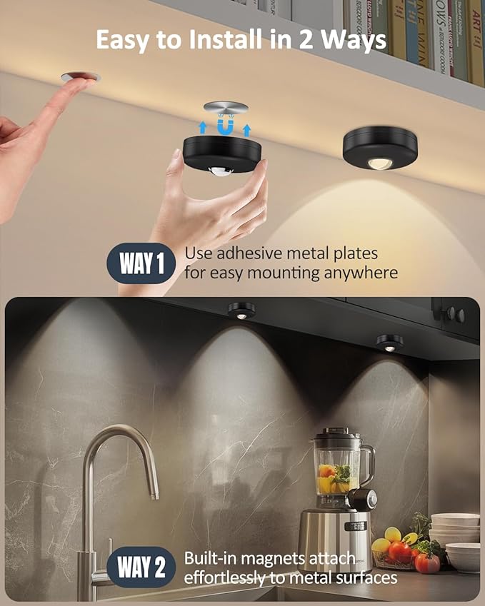 Yiliaw LED Puck Lights with Remote, Magnetic AAA Battery Operated Light, Under Cabinet Lighting, Tap Lights with Dimmer & Timmer for Kitchen, Closet, Shelf - 6 Pack, Black