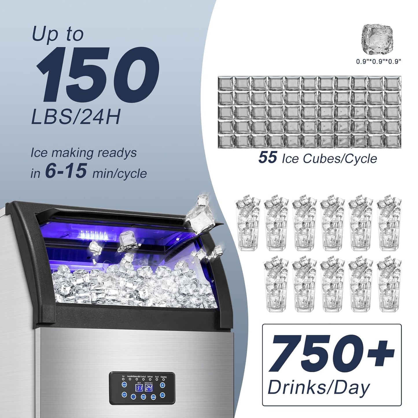 【150LBS/24H + 55 Ice Cubes/10-15 Mins】 Commercial Ice Maker - 50LBS Storage, Stainless Steel, Self-Cleaning for Home Bar Outdoor