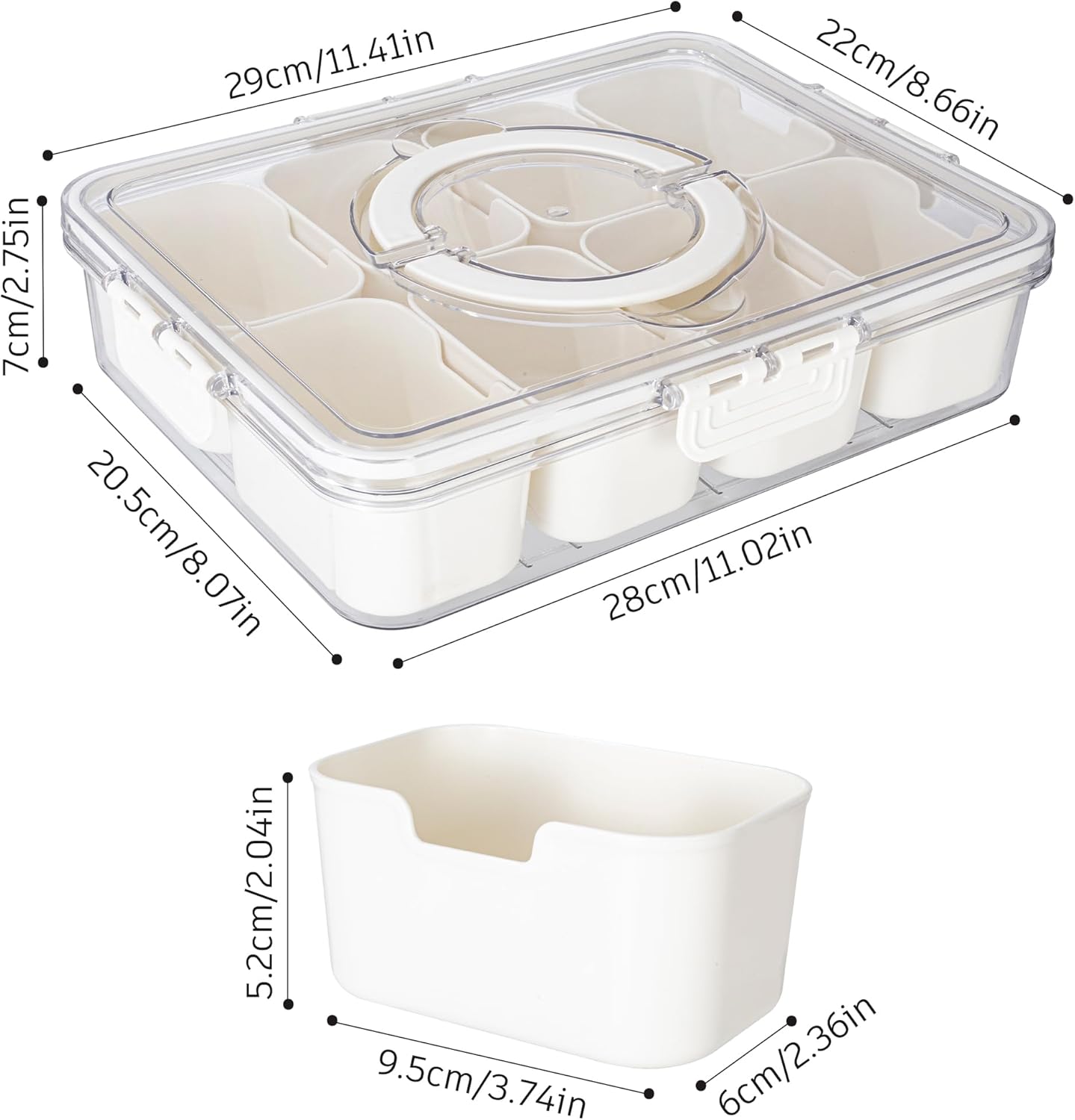 Divided Serving Tray with Lid and Handle - Snackle Box Charcuterie Container for Portable Snack Platters - Clear Organizer for Candy, Fruits, Nuts, Snacks - Perfect for Party, Entertaining