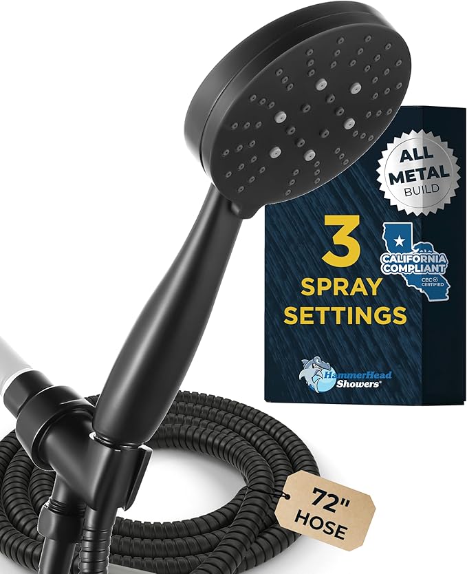 HammerHead Showers® Solid Metal 3-Spray Handheld Shower Head with Long Hose and Holder - MATTE BLACK - WIDE, MASSAGE, and MIST Sprays - 1.8 GPM Low Flow Handheld Showerhead - Water Saving Shower Head