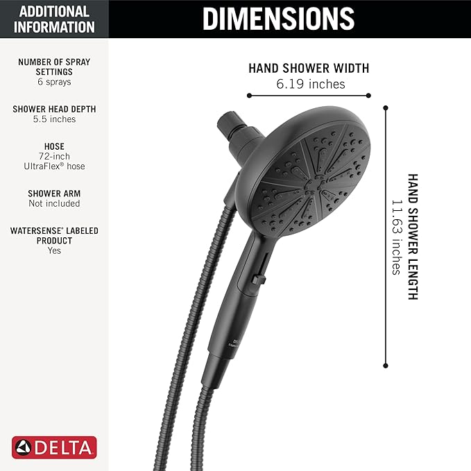 Delta Faucet 6-Spray SureDock Magnetic Shower Head with Handheld Spray, Black Shower Head with Hose, Showerheads & Handheld Showers, Handheld Shower Heads, Hand Shower, Matte Black 75613-BL