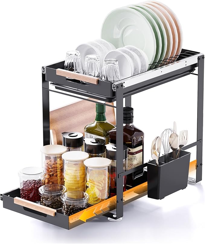 2-Tier Pull-Out Dish Rack & Spice Organizer for Kitchen Storage, Space-Saving Countertop Organizer for Dishes, Spice Jars and Utensils, 15.7''L x 11.2''W x 15.9''H, Steel, Black