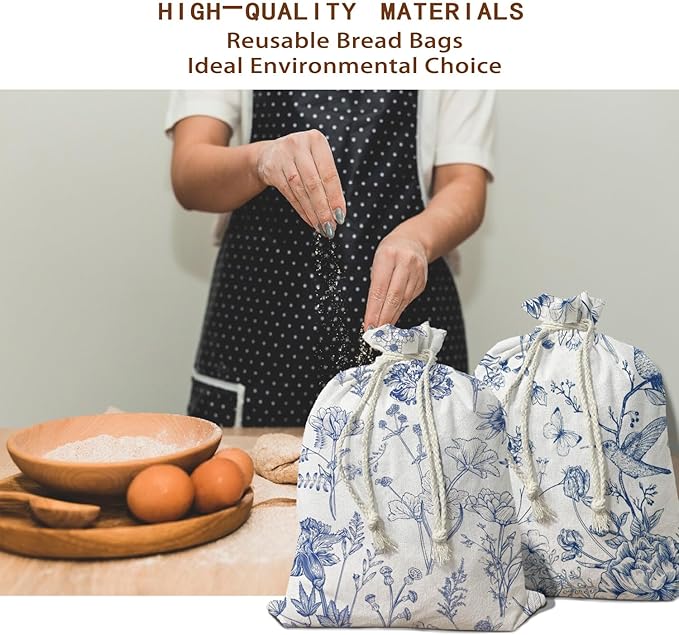 UTELKA Chinoiserie Beeswax Bread Bag Linen Bread Bags for Sourdough Bread 2Pcs, Reusable Homemade Bread Bags for Flroal Baker Gifts for Women Kitchen Housewarming Gifts 16.5×12