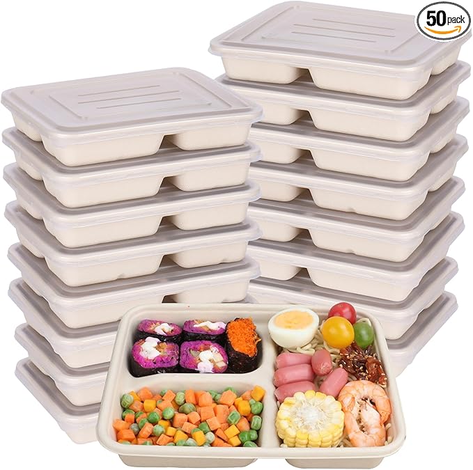 23 oz Sugarcane Fiber 3 Compartments disposable plates with Lids food container sets Plant Fibers Freezer Safe 50 Pack