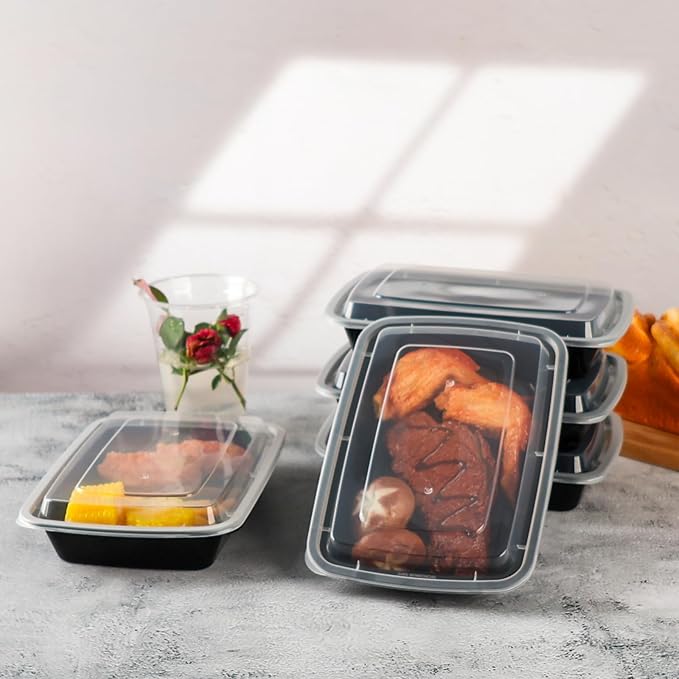 Meal Prep Containers Reusable 50 Pack-27 oz Food Storage Containers with Lids To Go Food Container Takeout, Microwave Dishwasher Freezer Safe, BPA Free, Plastic Containers (Black, Square)