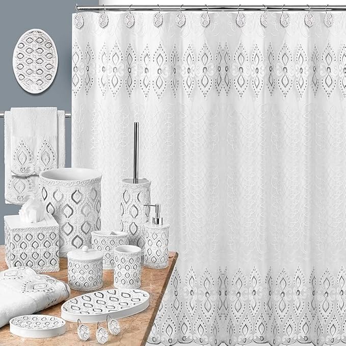 Zahari Home Monaco Bathroom Shower Curtain Set - 13pc Classic Luxury Contemporary Design with 12 Hooks