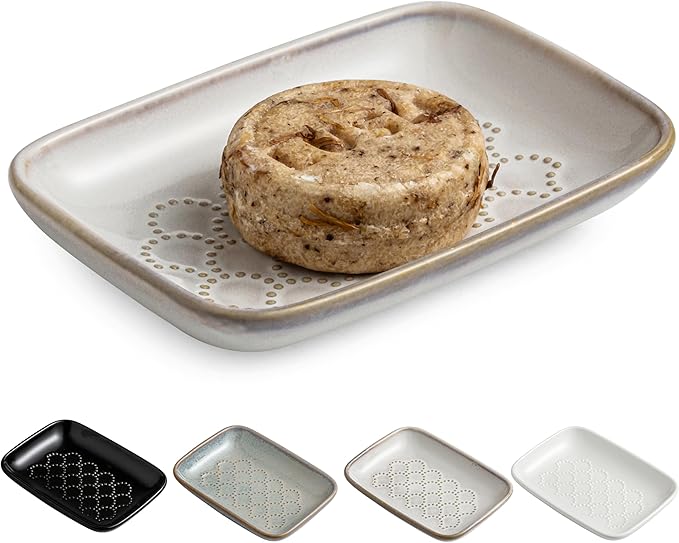 Gomakren Soap Dish for Shower, Ceramic Soap Dishes for Bar Soap Sponge, Shower Soap Holder Saver Tray for Bathroom Kitchen Sink, Easy to Clean, Beige