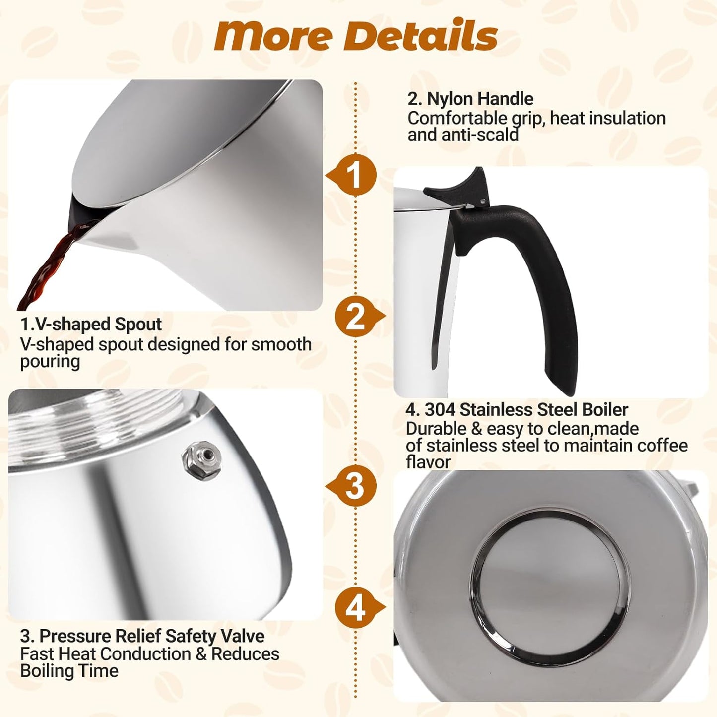 No Coating 6 Cup Thickened 304 Stainless Steel Moka Pot Stovetop Espresso Maker Italian Coffee Machine 300ml 10oz Suitable for Gas Induction Stovetop Greca Coffee Maker Percolator