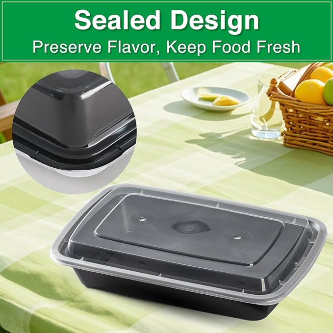 Meal Prep Containers Reusable 50 Pack-27 oz Food Storage Containers with Lids To Go Food Container Takeout, Microwave Dishwasher Freezer Safe, BPA Free, Plastic Containers (Black, Square)