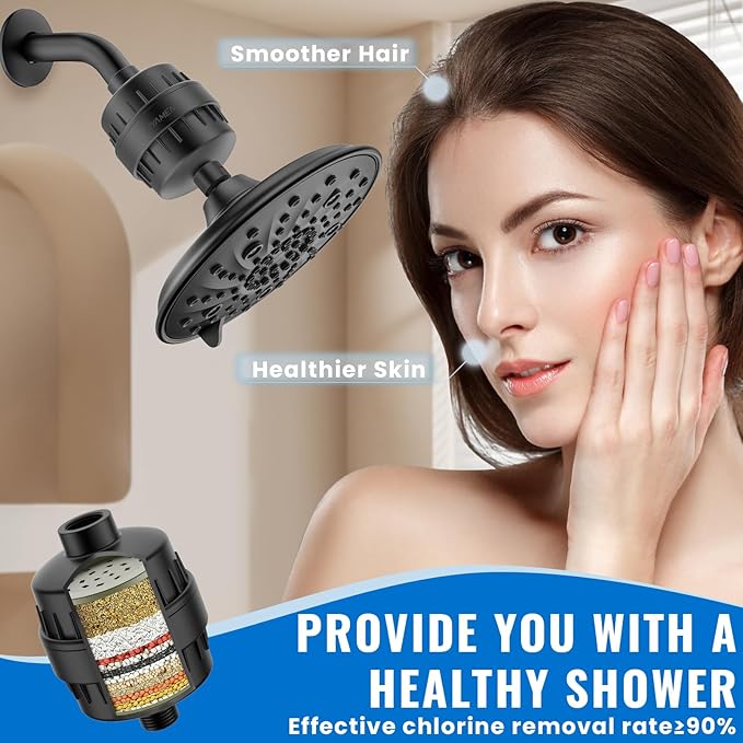 Ryamen Heavy Duty Shower Filter, Shower Water Filter, 99% REMOVAL Shower Head Filter for Hard Water, Heavy Metals, Chlorine, Enhanced Water Filtration for Healthier Skin and Hair (Black)