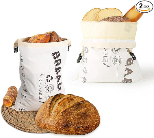 2 Pack Reusable Beeswax Bread Bags, 17 x 12 Inch Natural Cotton Reusable Bread Bags, Large Capacity Snap-on Beeswax Bread Storage Bags, Food Storage Cloth Bags, Freezer Safe
