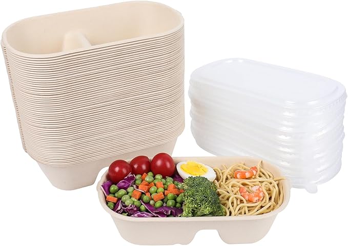 32 oz Disposable bowls with lids, 2 compartments Sugarcane Fiber Food Container, Food Storage, 50 Pack