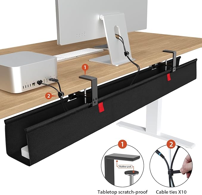 Univivi No Drill Under Desk Cable Management Tray, 48" Cord Organizer for Table, Clamp/Screw Mount Desk Cable Management, Premium Fabric Cable Management Tray for Office, Home (Extra Large)