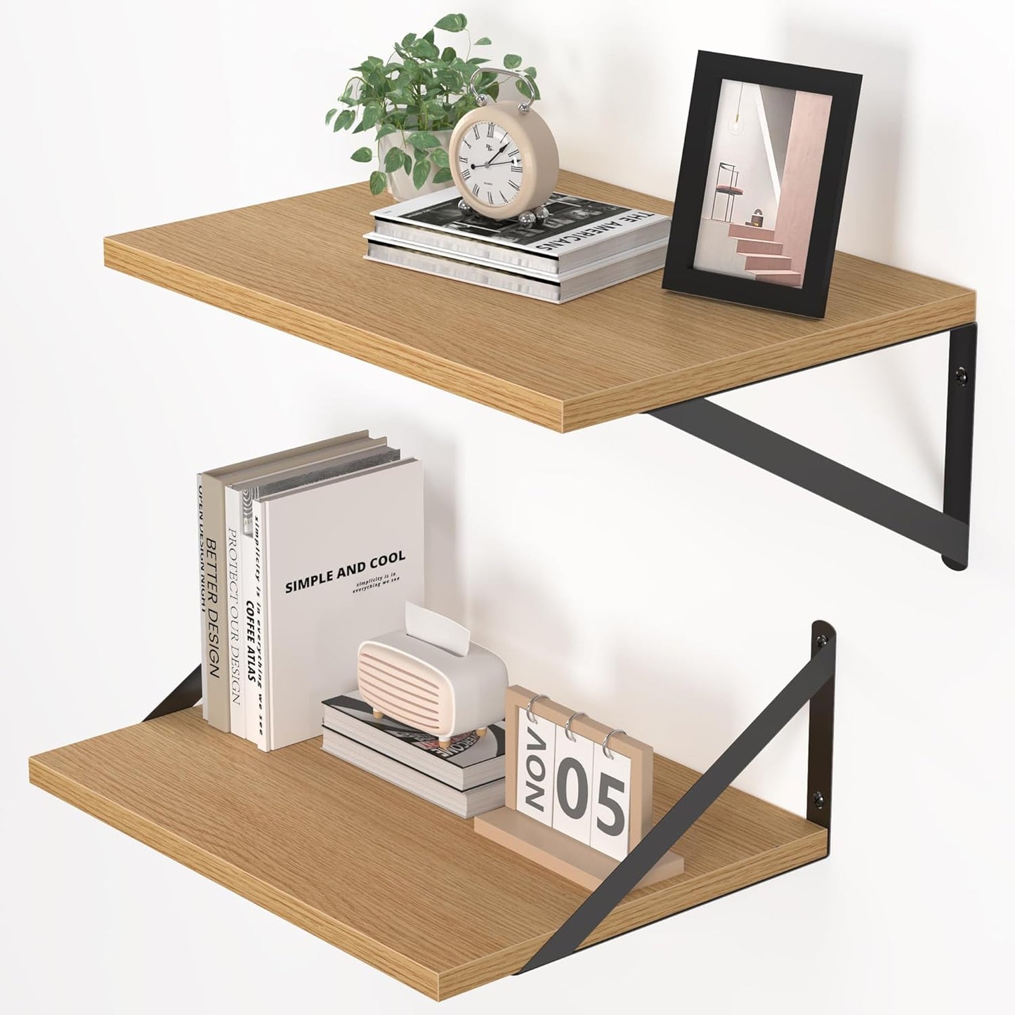 Heimlove 12 Inch Deep Floating Shelves for Wall, 16W x 12D Wood Wall Shelves Set of 2, Rustic Oak Wide Floating Bookshelf for Living Room, Kitchen, Office, Bedroom, with Black Metal Bracke - Oak