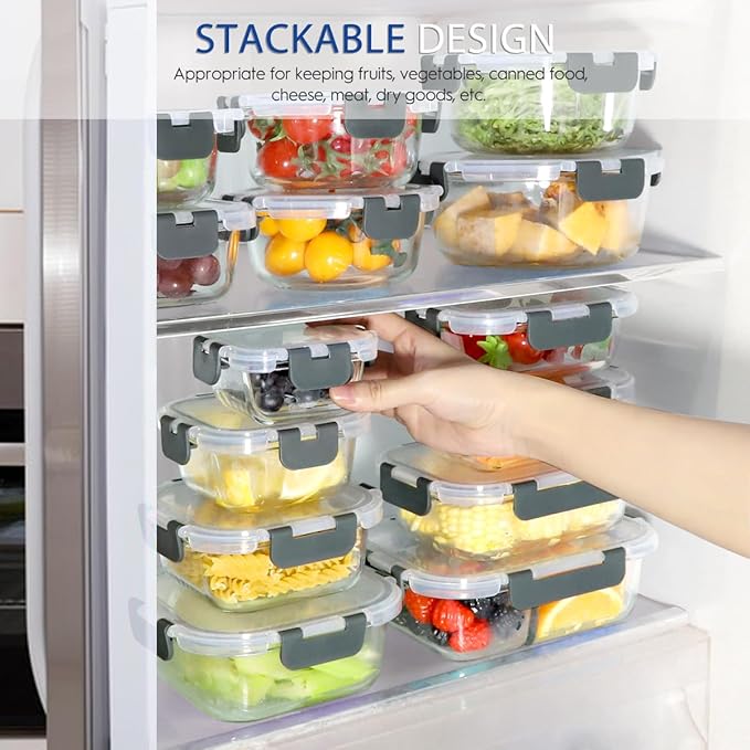 42pcs Glass Food Storage Containers with Lids Set, 21 Containers & 21 Lids Glass Meal Prep Containers with Snap Locking Lid Set, Leak Proof Lunch Container BPA-Free,Grey