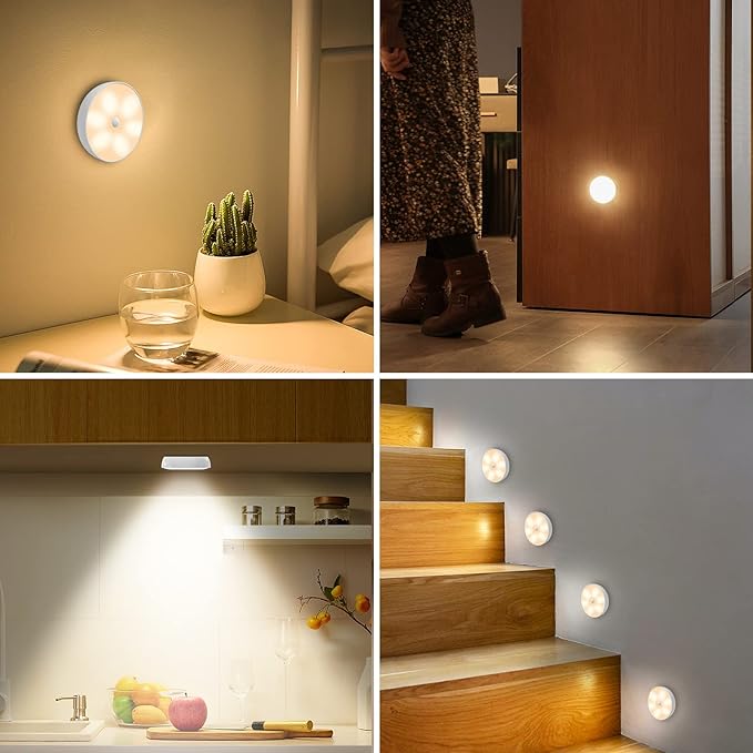 Warm Color LED Closet Lights Wireless Motion Sensor Step Light, USB Rechargeable Battery Operated Puck Lights with Remote, Dimmable Under Cabinet Counter Lighting for Wardrobe Kitchen (3 Pack)