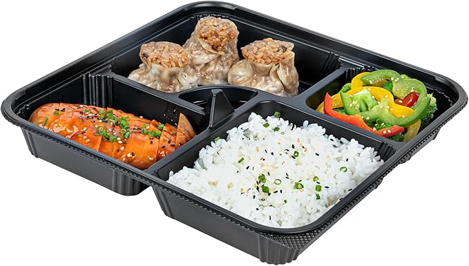 Restaurantware-Bento Tek 39.6 Ounce Meal Prep Containers, 50 Disposable To Go Food Boxes - Lids Sold Separately, 5 Compartments, Black Plastic Bento Lunch Boxes, Microwavable, Freezable