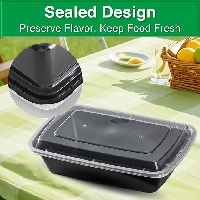 Meal Prep Containers Reusable 50 Pack-34 oz Food Storage Containers with Lids To Go Food Containers Takeout, Microwave Dishwasher Freezer Safe, Stackable, BPA Free, Plastic (Black)