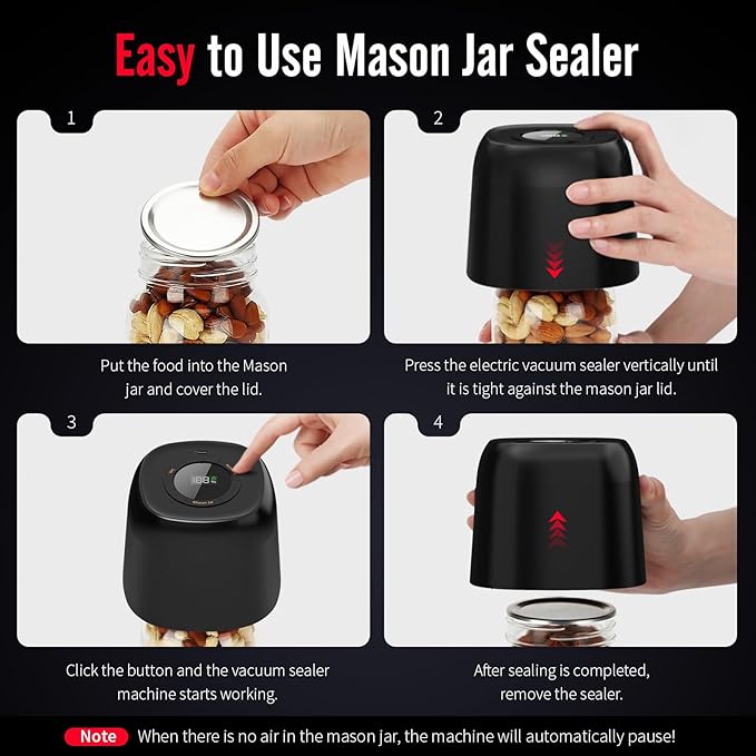 Mason Jar Vacuum Sealer - 3 in 1 Automatic Vacuum & Wine Saver with Food Pump for Canning Jars - Wide & Regular Mouth Mason Lids