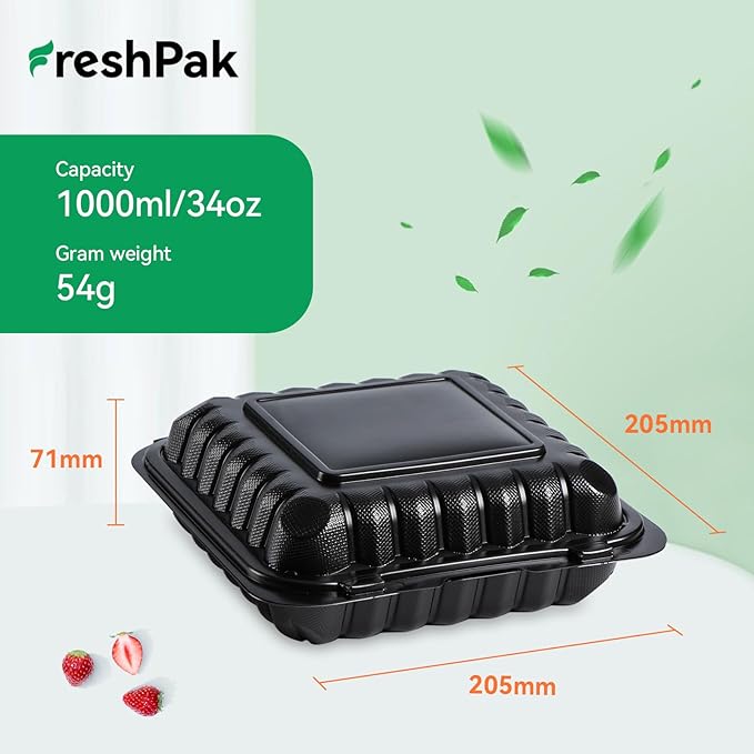 FRESHPAK Takeout Containers Mineral Filled PP - 55 Pack 8x8 34 oz Shrink Wrap BPA Free Plastic | Stackable Meal Prep Clamshell Food Container | Reusable Microwave Safe Leftovers | Catering Lunch Box