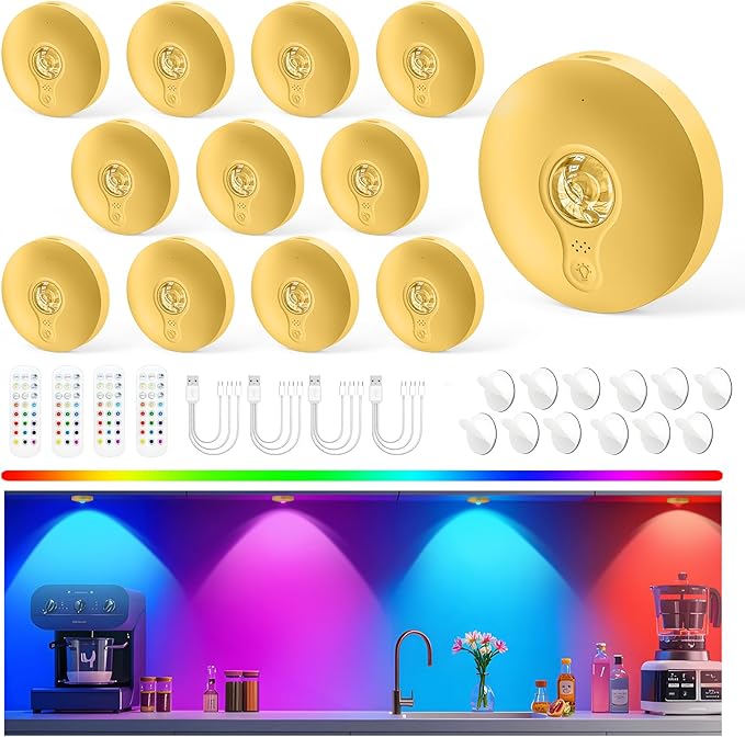 Rechargeable Puck Lights with Remote, 12 Pack Magnetic Under Cabinet Lighting, 1500mAh Battery Operated LED Tap Lights with Dimmer & Timmer for Kitchen, Closet, Shelf - 3 Color Temps & 12 RGB, Gold
