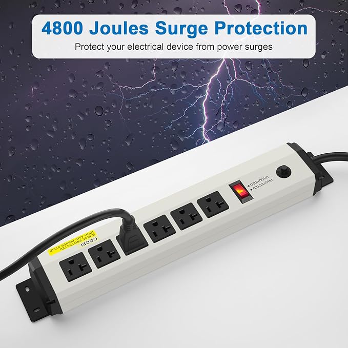 CCCEI 2 of 12 Gauge Heavy Duty Power Strip Surge Protector 4800J, 20 Amp 6 Plug Industrial Shop Garage Metal Multiple Outlet, 4FT Extension Cord 5-15P Adapter High Amp 6-20R T-Slot 20a for Appliance.