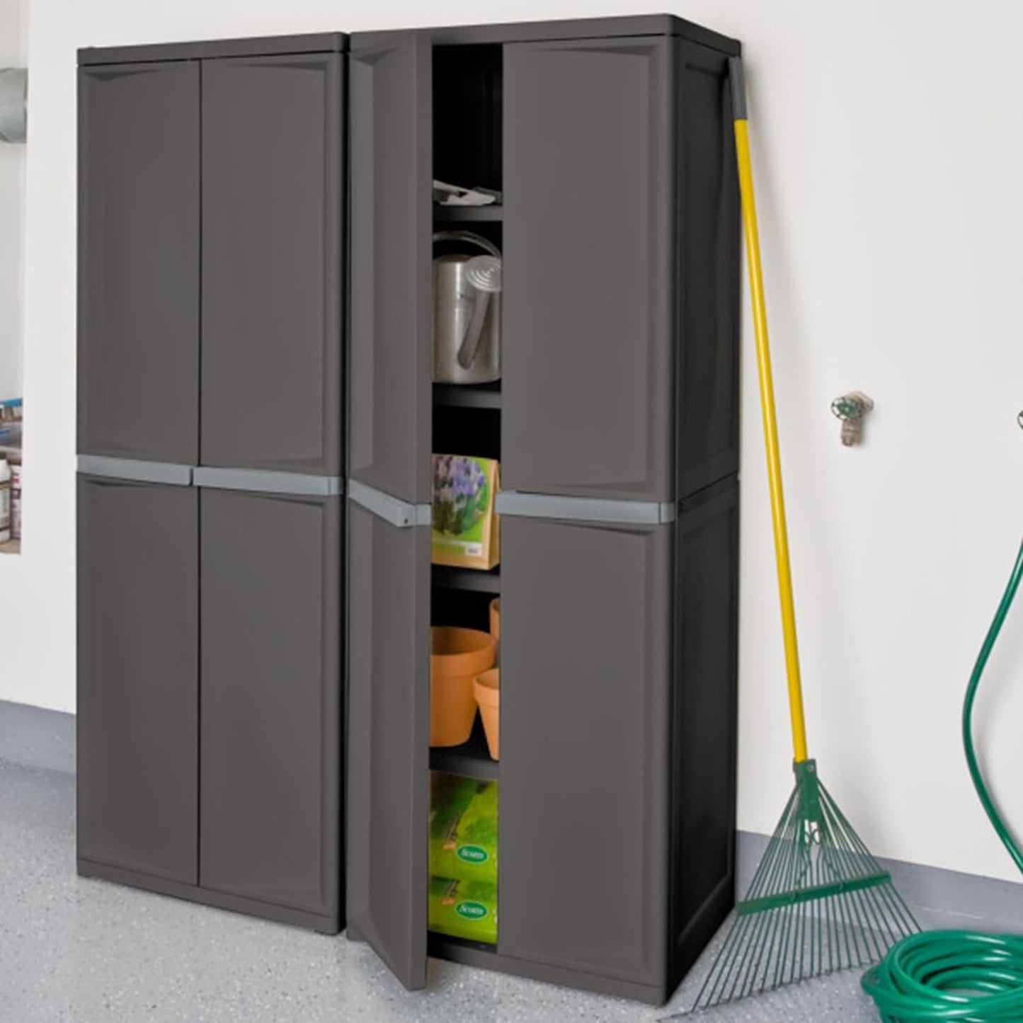Sterilite 4 Shelf Cabinet, Lockable Utility Storage w/ Adjustable Shelves, Gray - Plastic Shelving Unit for Organizing Garage, Pantry, Basement, Laundry Room or Mudroom