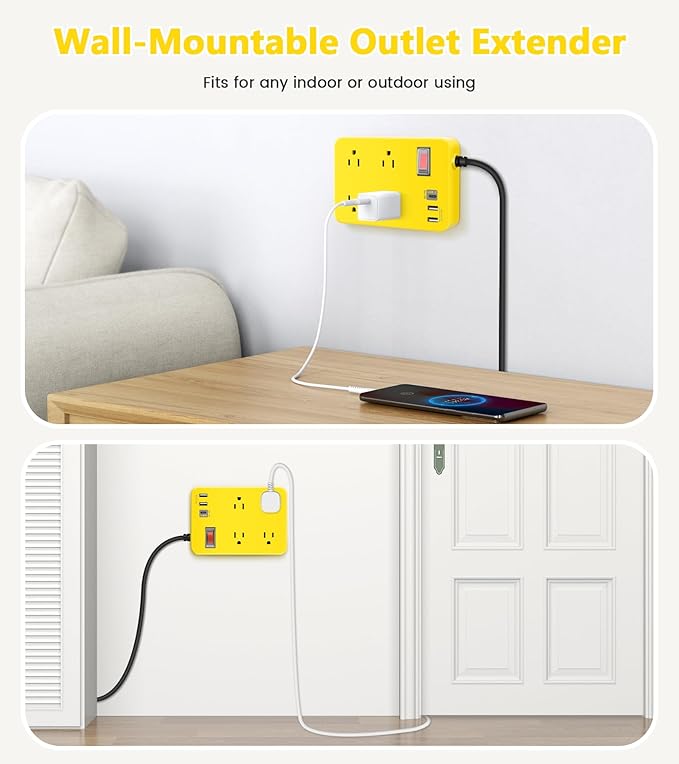 Outdoor Power Strip Weatherproof,Fast Charging Station 20W USB C,Waterproof Surge Protector 4 Outlets, Multi Outlet Extension for Camping, Garden, Kitchen,Bathroom,Flat Plug (Yellow, 6 FT Cable)
