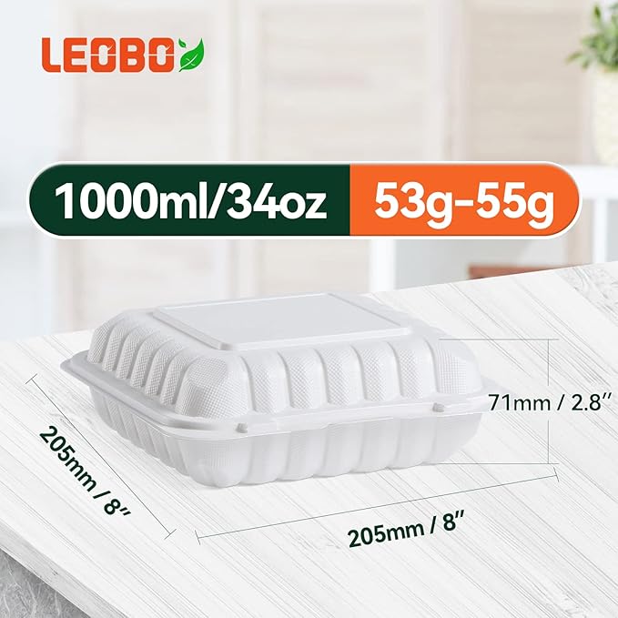 Takeout Container Mineral Filled PP Plastic - 8 Inch 34oz 55 Pack | Shrink Wrap BPA Free To Go Boxes | Reusable Dishwasher Microwave Freezer Safe for Food Delivery | White Disposable Containers