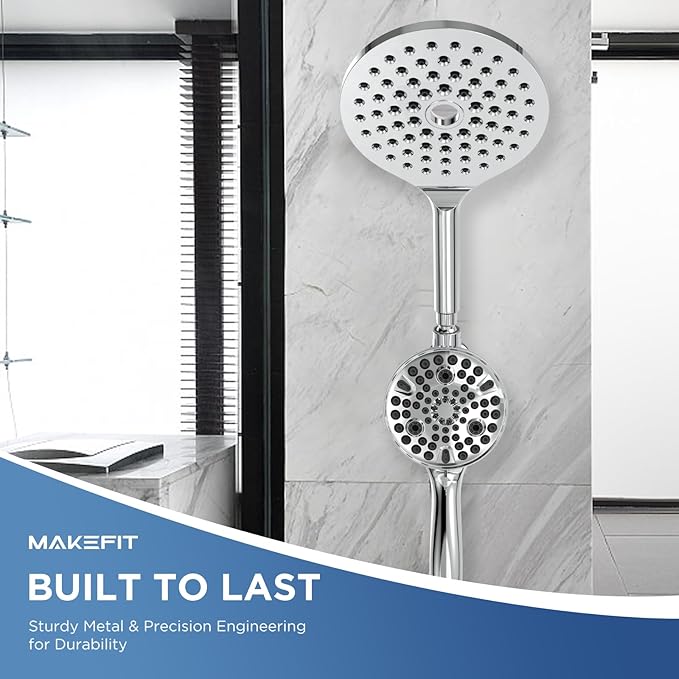 MakeFit Dual Handheld Shower Head Combo, 2-in-1 Rain Shower Heads System 8 Inch Rainfall Shower Head and 10 Modes High Pressure Hand Held Showerhead with Built-in Power Wash