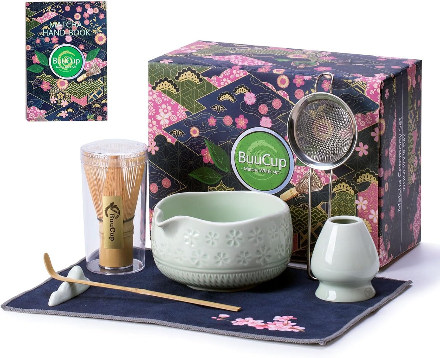 Matcha Whisk Set, Ceramic Matcha Set Includes Matcha Bowl, Matcha Whisk and Holder, Bamboo Scoop, Scoop Rest, Sifter and Tea Towel - 7 Pcs Matcha Kit for Matcha Lovers (Mint)