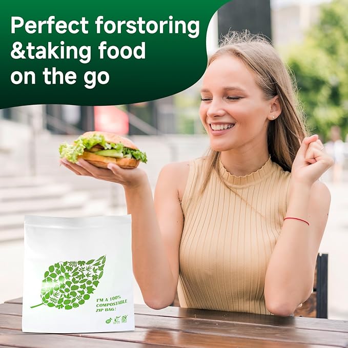 ECOOPTS 25×100% Compostable Sandwich Zip Bags | ECO-Friendly Food Storage Bags | Freezer Bag | Plant-Based BPA-free | Seal well for Sandwich,Fruit,Food and Snack (1Pack, Medium Size)
