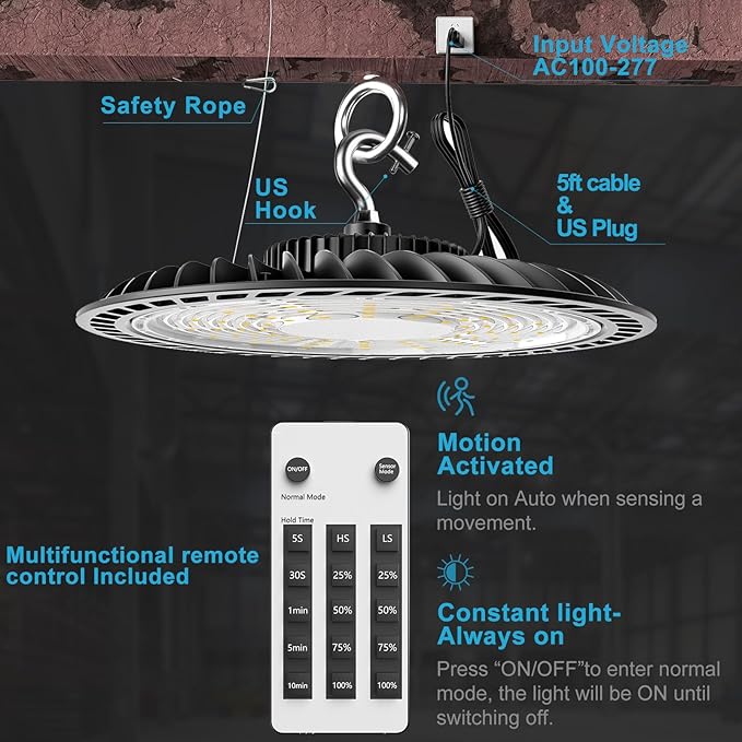 Lightdot 300W Smart High Bay LED Lights 45000LM UFO Lights with Control (Supports Normal Mode & Motion Sensor Mode) ETL-Listed Plug and Play for 30-50FT Height Warehouse-4Pack (6Yrs Warranty)